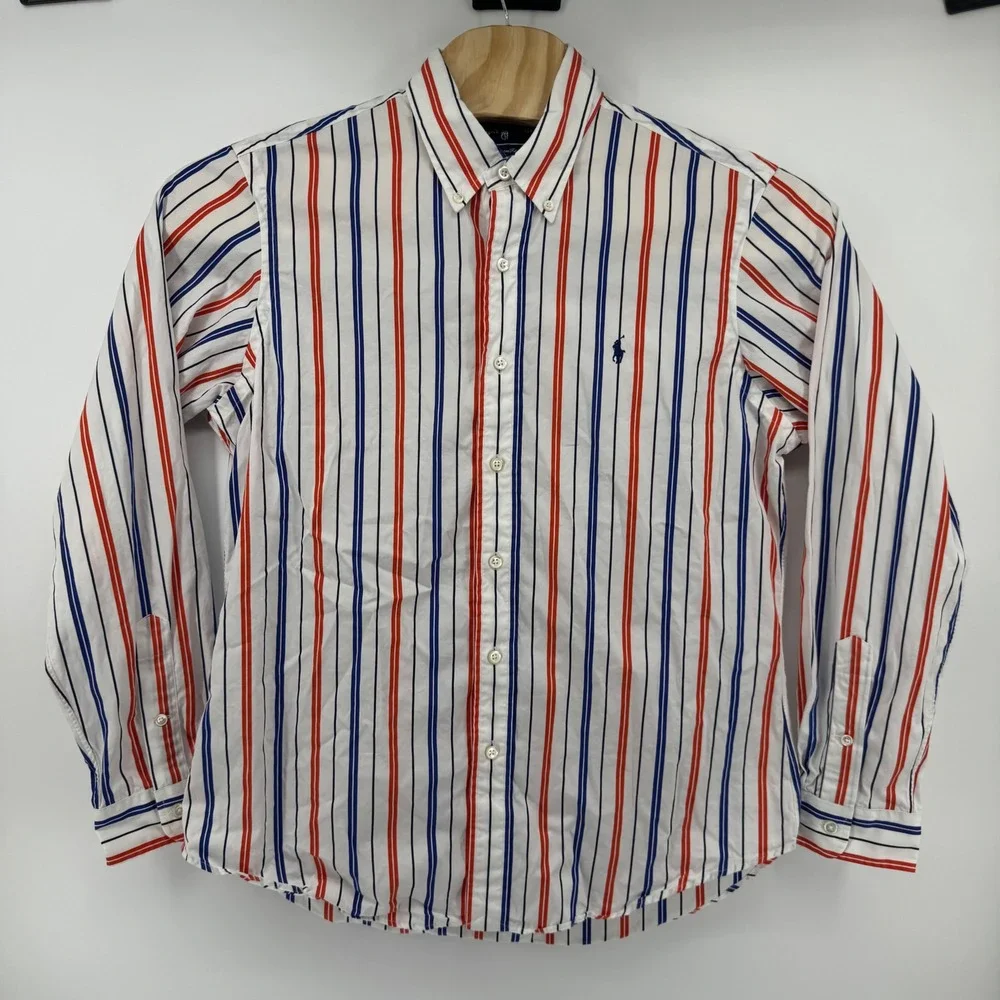 Ralph Lauren Mens Custom Fit Striped Button Down Shirt White Red Blue Large